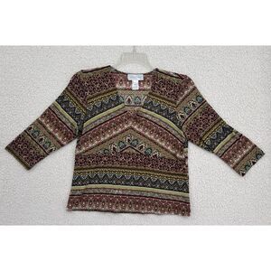 Molly & Maxx‎ Shirt Women Size Petite L Multicolor Stretchy 3/4 Sleeve V Neck
